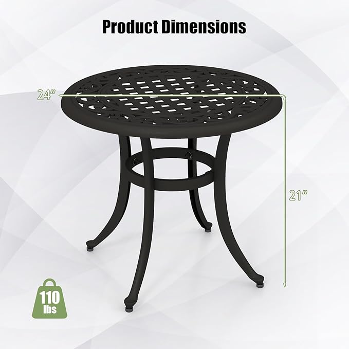 Tangkula 24 Inch Patio Side Table Set of 2, Cast Aluminum End Table with Adjustable Footpads, Outdoor Small Coffee Table, Round Metal Patio Table for Poolside, Backyard, Balcony (2, Black)