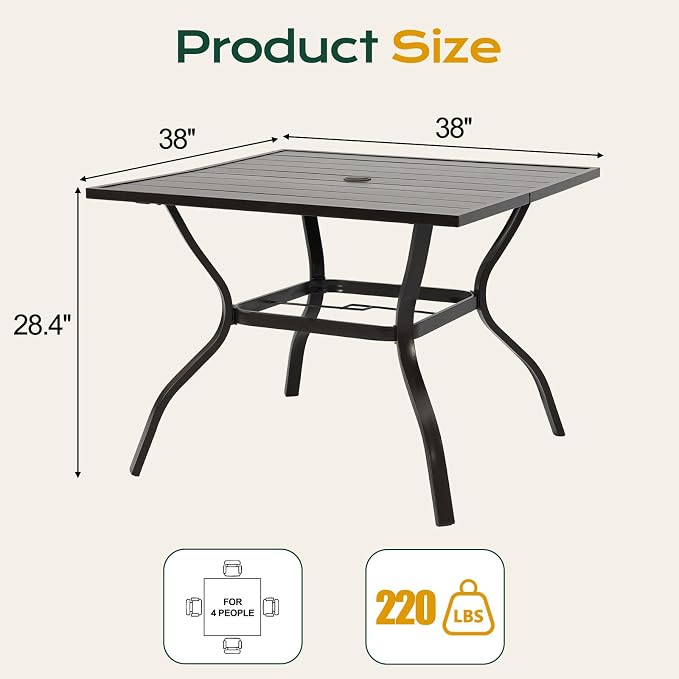 Aoodor Patio Dining Table for 4, 38'' Square Metal Outdoor Patio Table with Umbrella Hole, Outdoor Dining Table for Deck, Yard, Poolside, Porch