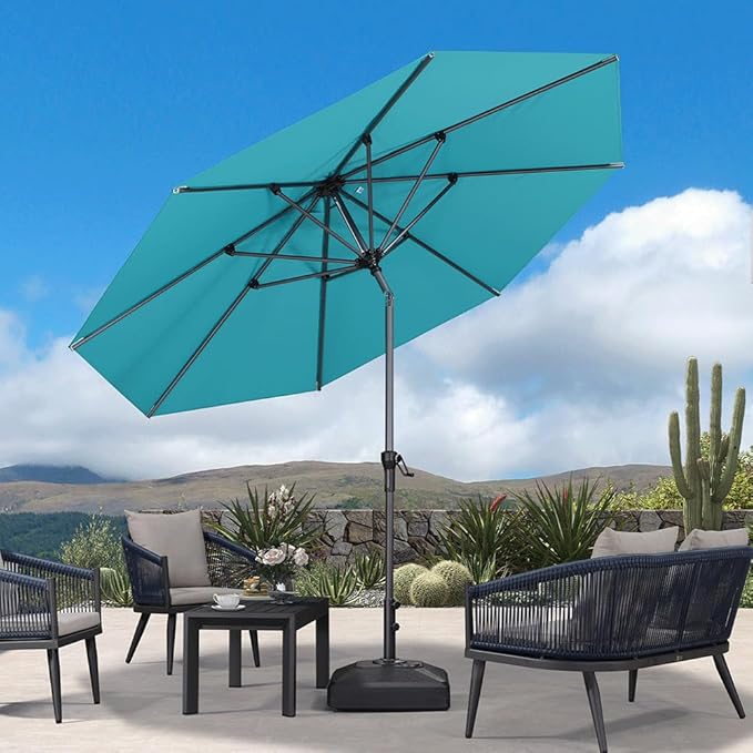PURPLE LEAF 10' Round Patio Umbrella Outdoor Table Umbrella Aluminum Frame Market Umbrella Sun Umbrella with 8 Sturdy Ribs Tilt for Garden Deck Lawn Pool Turquoise Blue