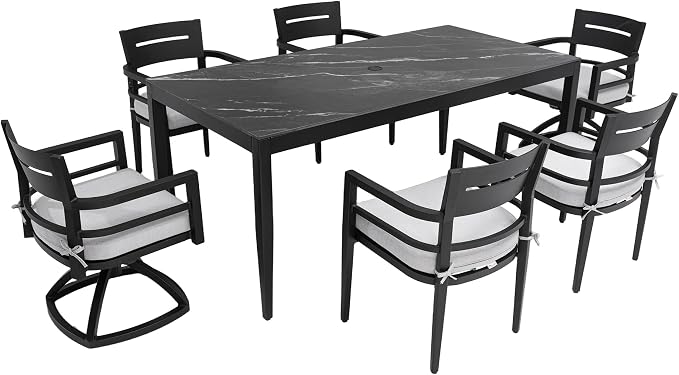 7PC Aluminum Outdoor Patio Dining Set, 71" Rectangular Dining Table with Black Marble Sintered Stone Top, 4 Chairs & 2 Cushioned Swivel Rockers, All-Weather Patio Furniture