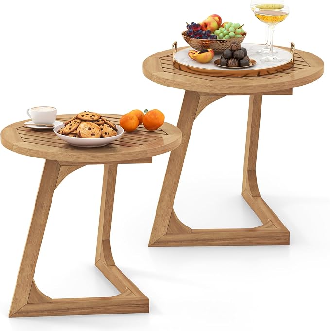 Giantex Teak Wood Outdoor Side Table Set of 2, Round Patio End Table with Slatted Tabletop, Waterproof Sofa and Couch Side Table for Porch, Poolside, Living Room, Small Spaces, Easy Assembly, Natural