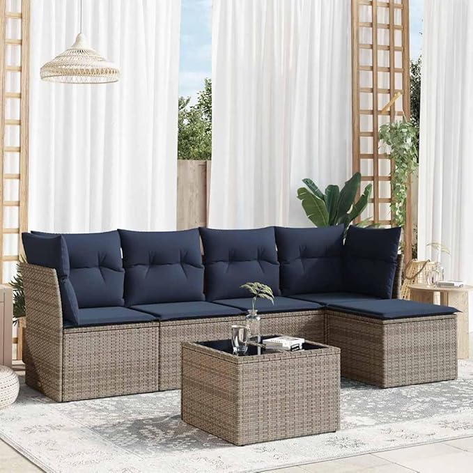 vidaXL Patio Sofa Set with Cushions 6 Piece, Patio Furniture with Glass Table, Outdoor Conversation Set, Modern Style, Gray Poly Rattan