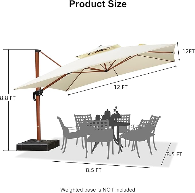 PURPLE LEAF 12ft Patio Umbrella Outdoor Square Umbrellas Large Cantilever Umbrella Windproof Offset Heavy Duty Sun Umbrellas for Garden Deck Pool Patio, Cream