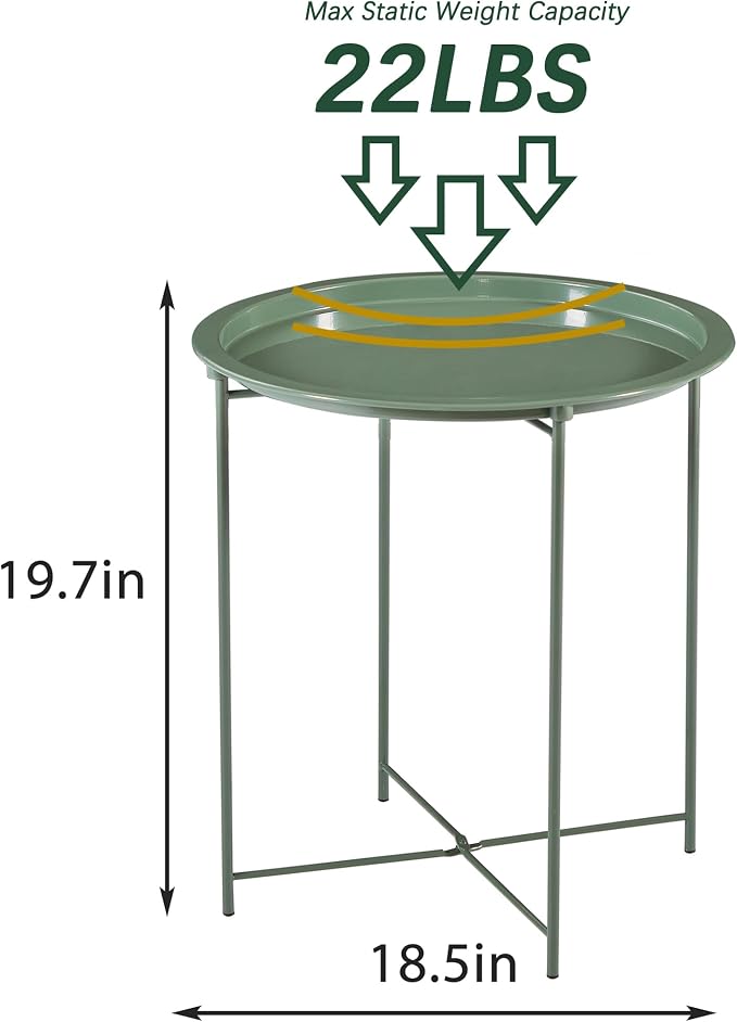 VECELO Side/End Table, Folding Round Metal Anti-Rust and Waterproof Outdoor or Indoor Tray for Living Room Bedroom Balcony and Office, 2 PCS, Dark Green