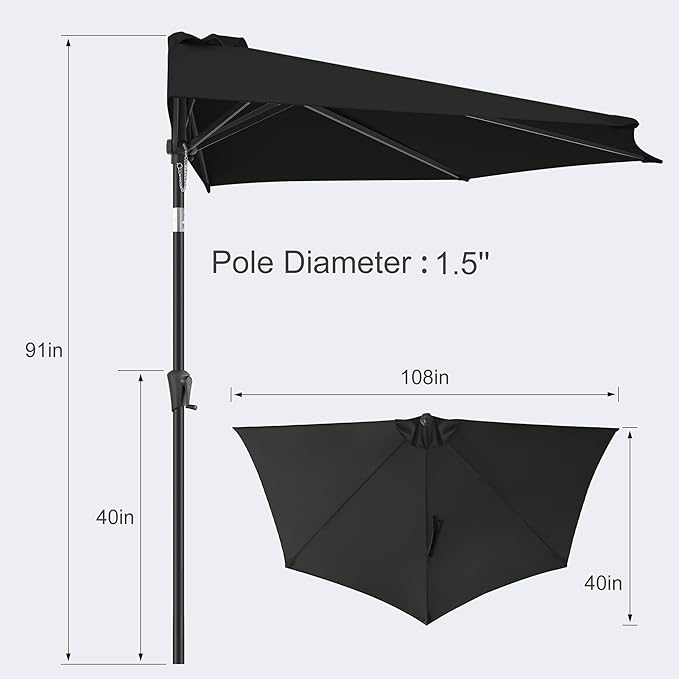 FLAME&SHADE 9ft Half Patio Umbrella - Half Outdoor Umbrella with Tilt UV Protection Waterprool, Half Round Table Umbrella for Wall Balcony, Pool, Porch, Garden, Deck, Market, Backyard (Black)