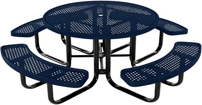 COATEDOUTDOORFURNITURE Heavy-Duty Portable Outdoor Kids Table with Umbrella Hole, Punched Steel Kids Picnic Table, Commercial-Grade, Made in America (46 in, Round, Childrens, Textured Dark Blue)