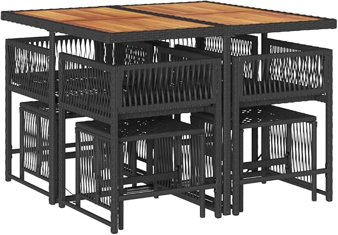 9-Piece Garden Dining Set with Cushions, Collapsible PE Rattan Patio Furniture with Acacia Wood and Powder-Coated Steel Table, Outdoor Space-Saving Conversation Set for 8 People, Black