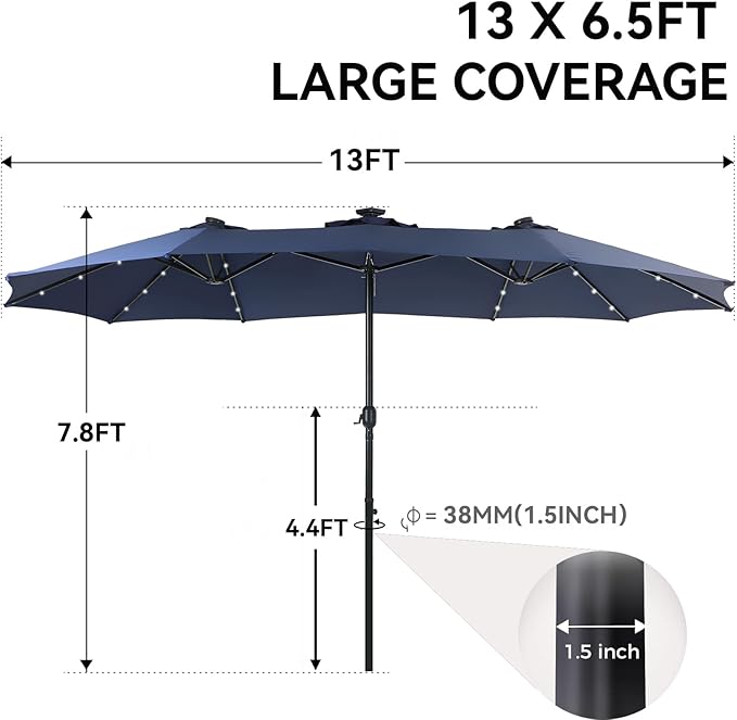 GREEN PARTY 13ft Outdoor Patio Umbrella with Solar Lights, 120 LED 12-Mode Large Double Sided Rectangular Table Umbrella, Heavy Duty Triple-Head Shade for Backyard Deck & Poolside, Navy Blue(No Base)