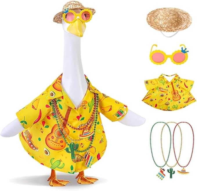 Hawaiian Porch Goose Outfits,Mexican Style Goose Summer Outfit,Yellow Shirt with Straw Hat Glasses Necklaces Fits 23" Geese Statue, Summer Garden Lawn Patio Yard Outdoor Decor
