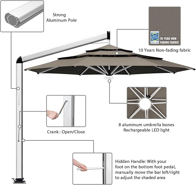 EliteShade USA Atlas 3-Tier 11FT Full Aluminum Cantilever Patio Umbrella for Outdoor Restaurant Garden Courtyard Deck Pool and Marketing with Light (No battery), Taupe