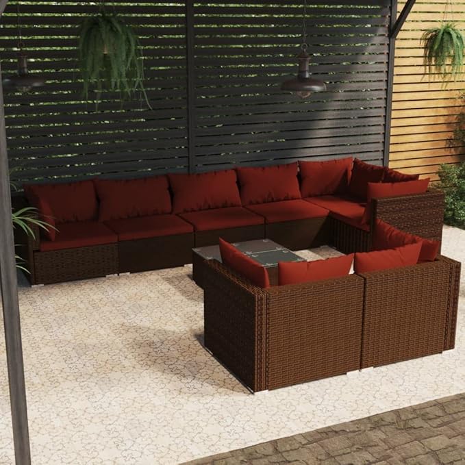 9 Piece Patio Lounge Set with Cushion, Piece Patio Set Furniture Conversation Sets Patio Lounge Set Outdoor Patio Sectional s Brown Poly Rattan
