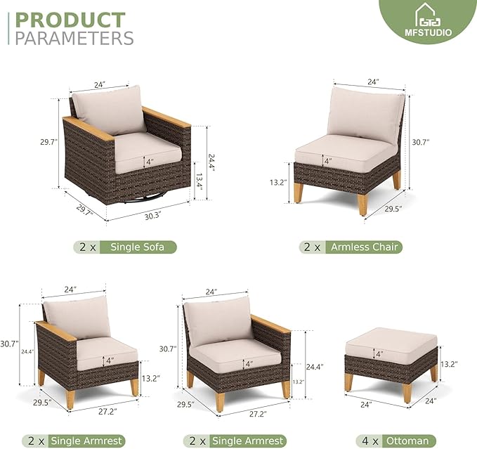 MFSTUDIO 12 Piece Swivel Glider Patio Furniture Set, 2 x Swivel Chair, 4 x Ottoman, 3-Seat Sofa x 2, All-Weather Wicker Patio Conversation Set, PE Rattan Outdoor Sectional Sofa Set(Beige Cushion)