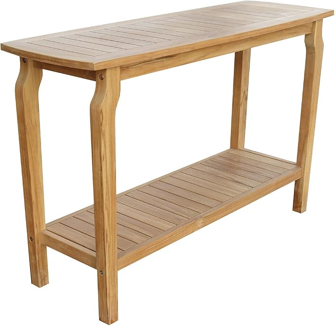 Nantucket Outdoor & Indoor Patio Console Serving Bar Table with Lower Shelf, Solid Teak, 47" L x 16" W x 30" H. This Outdoor Table is Great for Entertaining, Gardening, or Even Grilling.