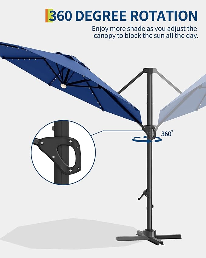 GarveeLife 10FT Patio Umbrella Outdoor Solar LED Large Cantilever Umbrella Market Sun Shade Windproof Offset Umbrella with 360-Degree Rotation for Garden Deck Pool Patio