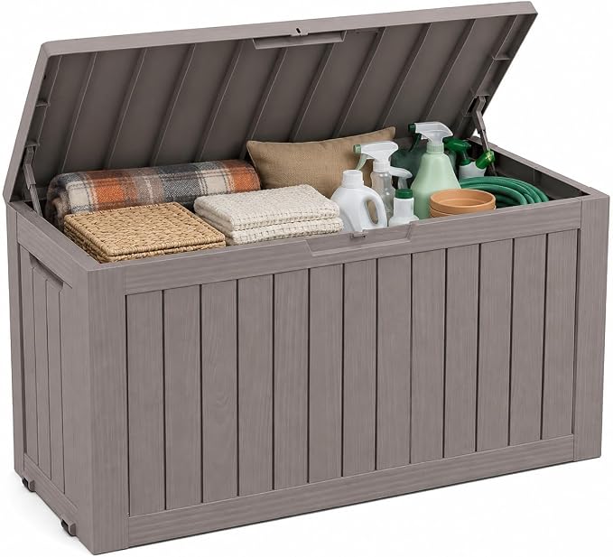 Outdoor Deck Patio Storage Box - 80 Gallon Resin Outside Storage Bin with Lid for Patio Cushions, Garden Tools, Pool Accessories & Backyard Toy Storage, Brown