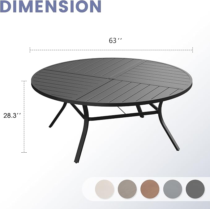 VICLLAX 63" Round Outdoor Table, Patio Dining Table for 8-10 with Umbrella Hole for Garden Lawn Deck Backyard, Black