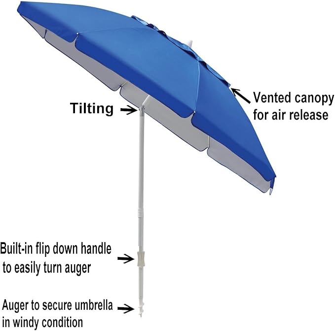 7 ft Beach Umbrella with Sand Anchor & Tilt, UV 50+ Protection Outdoor Sunshade Umbrella with Carry Bag,Blue Polyester Fabric with Silver Coating, Blue