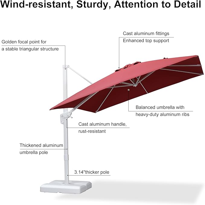 PURPLE LEAF 9 FT Patio Umbrella White Cantilever Umbrella Aluminum Square Outdoor Offset Umbrella Hanging Windproof with 360° Rotation for Garden Deck Pool, Red