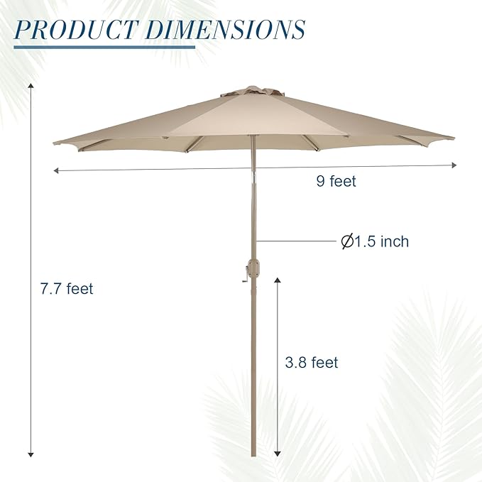 BPS 9FT Outdoor Patio Umbrella, Outdoor Market Table Umbrella with 8 Sturdy Ribs, Push Button Tilt and Crank for Garden, Deck, Backyard, Poolside