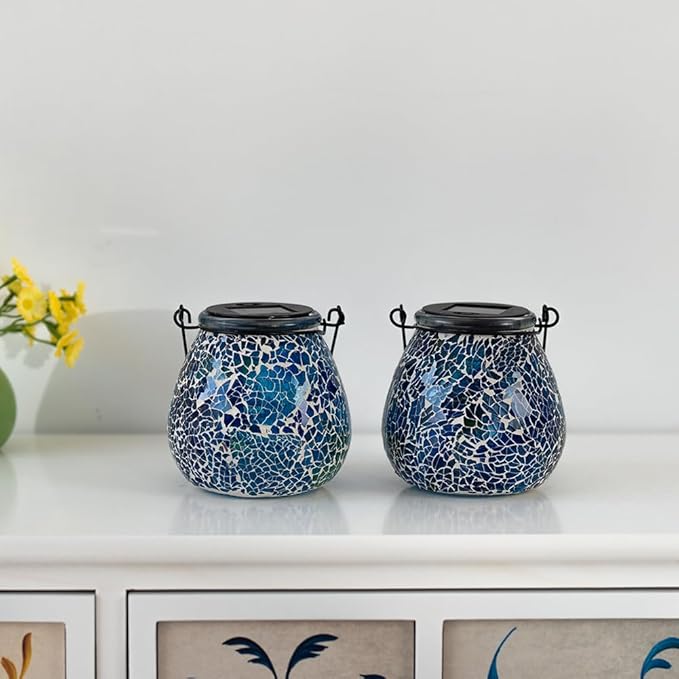 Stargarden 2Pack Mosaic Solar Lantern ,Outdoor Hanging Waterproof Mosaic Light Solar Table Lamp for Garden ,Patio,Yard Decor (Blue )