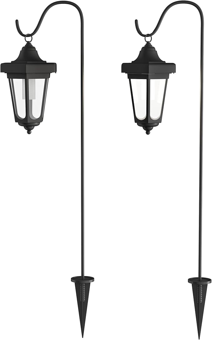 Set of 2 Solar Lanterns - Waterproof Hanging Coach LED Lights with Shepherd Hooks for Mounting - Garden Decor for Outside by Pure Garden (Black)