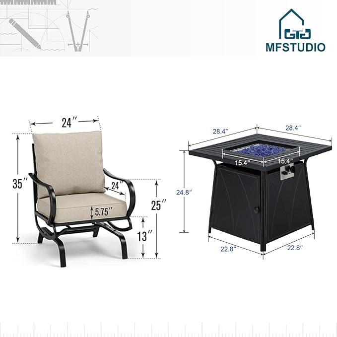 MFSTUDIO 5 Pieces Patio Conversation Sets, Outdoor Metal Furniture Sofas with 1 x 28 50,000 BTU Square Propane Fire Table and 4 x Wrought Iron Frame Rocking Chairs with Beige Cushion