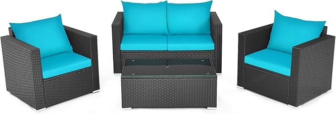 COSTWAY 4-Piece Patio Rattan Furniture Set, Cushioned Sofa Chair, Loveseat and Coffee Table with Tempered Glass Top, Outdoor Conversation Sets for Garden Poolside Balcony Porch (Turquoise)