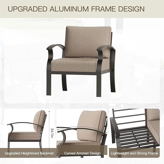 Aluminum Patio Furniture Set with 55,000 BTU Propane Fire Pit Table,5 Seats Metal Modern Outdoor Furniture w/5.1" Cushions,Patio Sectional for Backyard,Patio,Sand