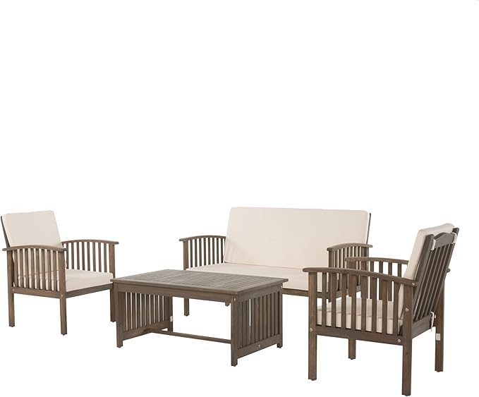 Merax Patio Furniture Set 4 Pieces Outdoor Acacia Wood Conversation Sets with Coffee Table & Cushions, Garden Conversation Bistro Sets for Pool or Backyard, Outdoor Furniture,Gray Cream