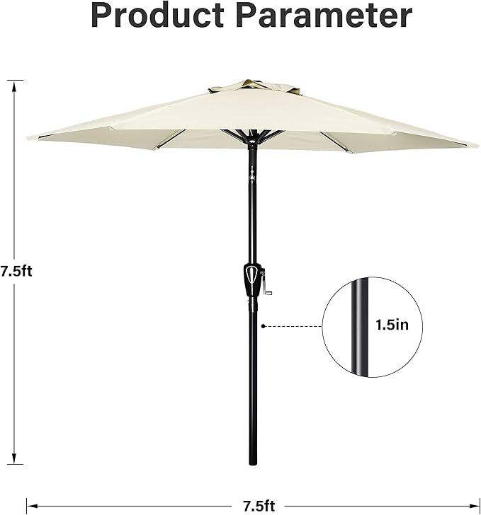 Simple Deluxe 7.5' Patio Umbrella with 20 Inch 50lbs Capacity Fillable Round Base, 6 Sturdy Ribs with Push Button Tilt/Crank for Garden, Deck, Backyard, Pool, Creamy White and Black