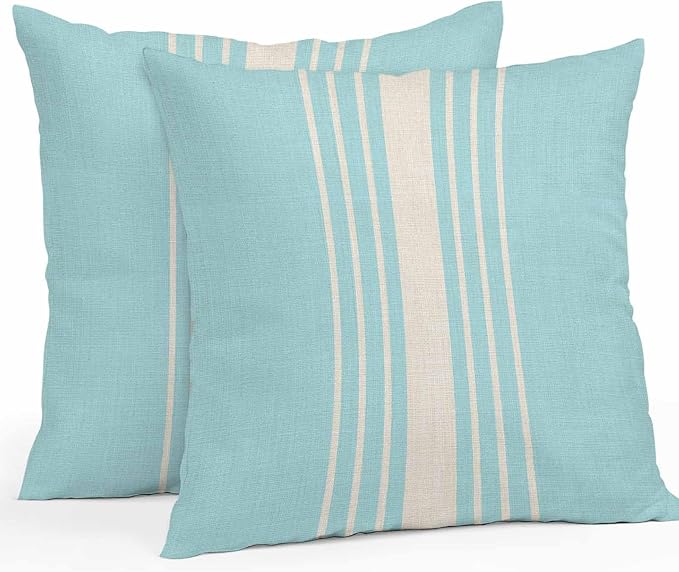 Vandarllin Outdoor Throw Pillows Covers 16x16 inch Set of 2 Waterproof Sky Blue Vertical Stripes Decorative Zippered Cushion Covers for Patio Furniture, Classic Striped Linen Lumbar Pillowcases