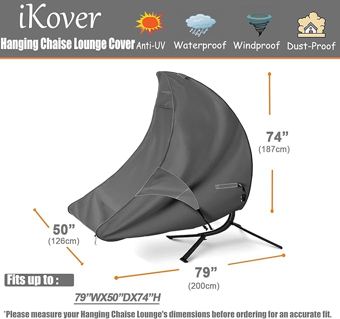 73 Inch Patio Hanging Chaise Lounge and Stand Cover with Zipper Waterproof Outdoor Curved Steel Hammock Lounge Swing Chair Covers
