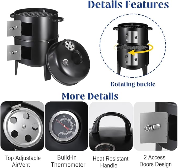 3-in-1 Vertical Charcoal Smoker Grills For Backyard Barbecues, 17 Inch Portable Smoker bbq Grill with Thermometers and 2 Access Doors for Parties Outdoor Camping Cooking (17 Inch)