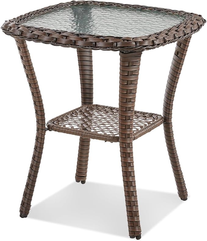 Patio Tables Wicker Side Table, Outdoor End Table with Storage Shelf, Patio Furniture Side Table for Sofa, Swivel Chairs, Garden, Balcony - Dark Brown