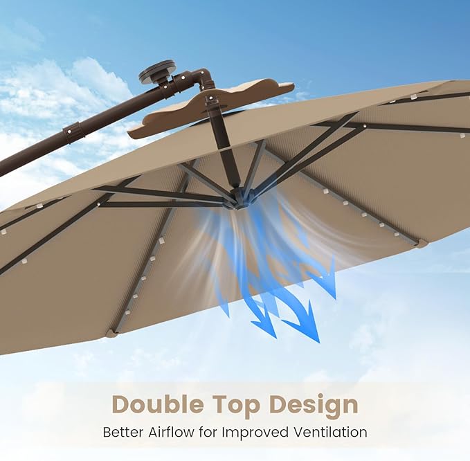 Tangkula 10FT Offset Patio Umbrella with Base Included, Outdoor Cantilever Umbrella with 40 Solar LED Lights, Tilt Adjustment, Crank Handle, Vented Top, Sand Bags for Pool Yard Deck (Tan)