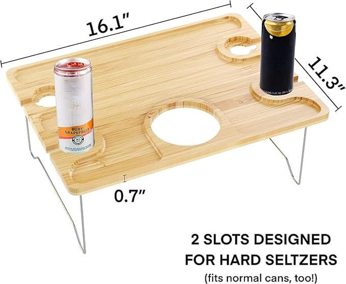 Portable Bamboo Picnic Wine Table for 4 - Folding Snack Tray with Bottle and Glass Holders - Low Camping and Beach Table for Outdoor Cheese and Charcuterie
