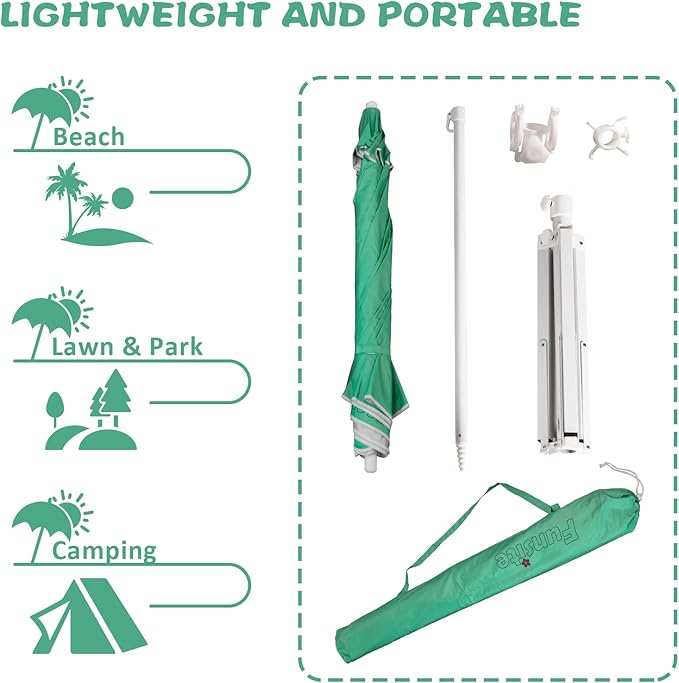 6.5ft Portable Beach Umbrellas for Sand Beach UV 50+ Umbrella with Tilt & Steel Pole, Protection with Heavy Duty Anchor, Patio Umbrella with Carry Bag