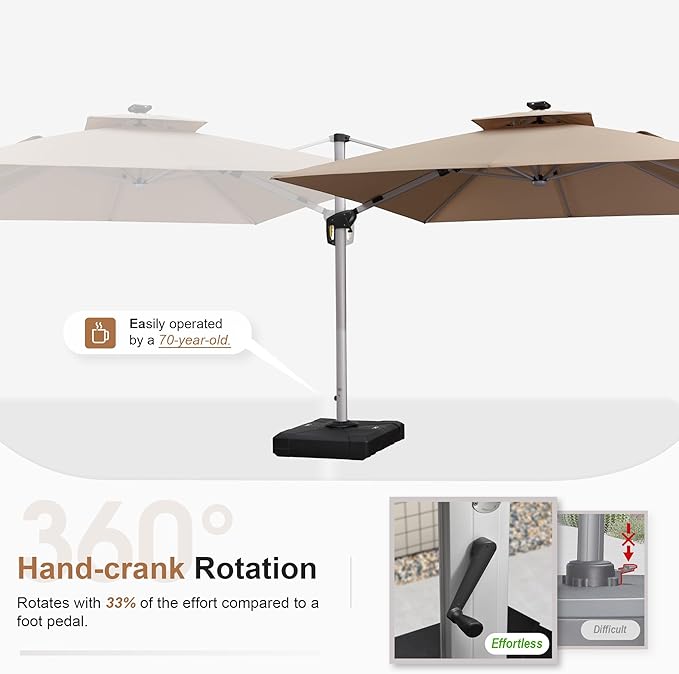 PURPLE LEAF 10 Feet Double Top Deluxe Solar Powered LED Square Patio Umbrella Offset Hanging Umbrella Outdoor Market Umbrella Garden Umbrella, Beige