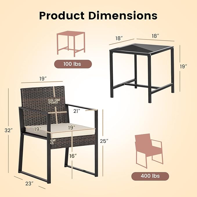 Tangkula 3 Piece Patio Furniture Set, Modern Heavy Duty All Weather Cushioned Wicker Chairs and Coffee Table Set, Suitable for Front Porch, Backyard, Garden, Poolside and Deck (Mix Brown)