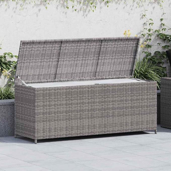 Patio Storage Box 59.1" Large Outdoor Deck Box with 352.7 lbs Weight Capacity Gray Poly Rattan Garden Storage Bench with Steel Frame for Cushions Pillows and Patio Accessories