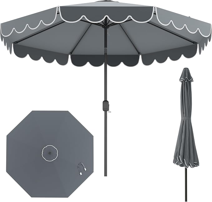 HAPPYGRILL 10 FT Patio Umbrella, Market Table Umbrella w/Crank, Push Button Tilt, Ruffled Edges, Vented Top & 8 Ribs, Outdoor Sun Shade for Poolside Backyard Beach