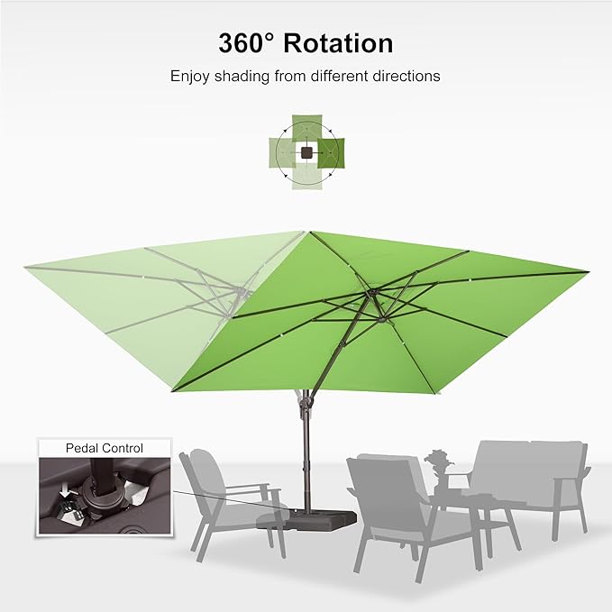 PURPLE LEAF 9' X 11.5' Rectangle Cantilever Umbrella with Base Patio Umbrella Outdoor Aluminum Antique Bronze Offset Hanging Umbrella with 360-degree Rotation for Pool Garden Backyard Deck, Green