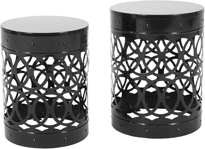 Modern Outdoor Garden Side Table, Set of 2, Black Iron End Tables, Patio & Balcony Plant Stand, Desert Sunset Cutout Design