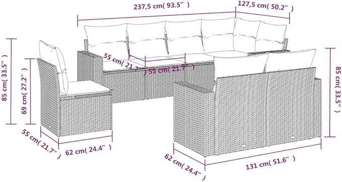 8 Piece Patio Sofa Set with Cushions, Sectional Sofa Porch Furniture Set Patio Conversation Set Outdoor Sofa Sets for Garden Piazza Poolside Negotiation Area Black Poly Rattan