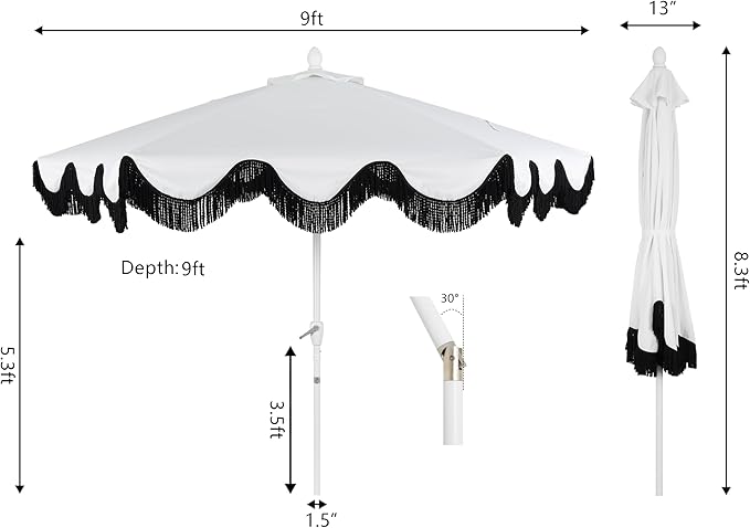 JONATHAN Y UMB1001 Collins 9 ft. Classic Cottage Tassel Market Patio Umbrella with Auto-Tilt, Crank, Wind Vent and UV Protection