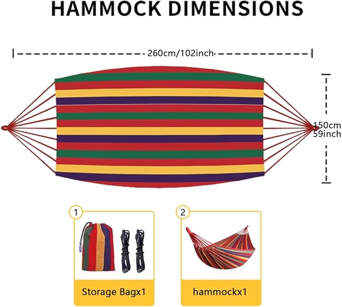 Cotton Canvas Hammock, Comfortable Fabric Camping Hammock with Tree Straps, Up to 440lbs with Travel Bag for Camping Outdoor/Indoor Patio Backyard(Rainbow, Without bar)