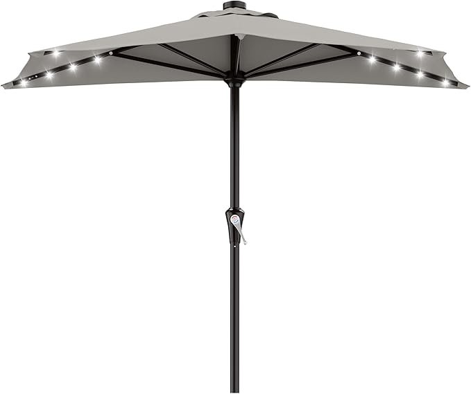 AreShark 9ft Patio Half Umbrellas with Solar Lights, 1/2 LED Half Outdoor Umbrella w/ 20 LED Lights, Lighted Table Wall Umbrella with Crank & 5 Sturdy Ribs for Market, Pool, Deck, Lawn and Garden, Foggy Gray