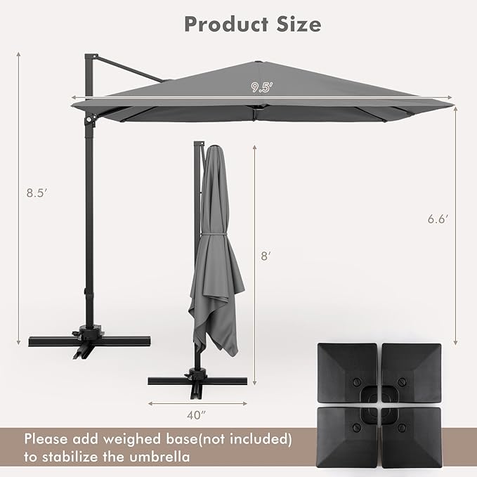 Tangkula 9.5 FT Cantilever Patio Umbrella, Outdoor Square Offset Umbrella with 360°Rotation, Heavy Duty Patio Hanging Umbrella with Cross Base for Garden Deck Pool Backyard (Grey)