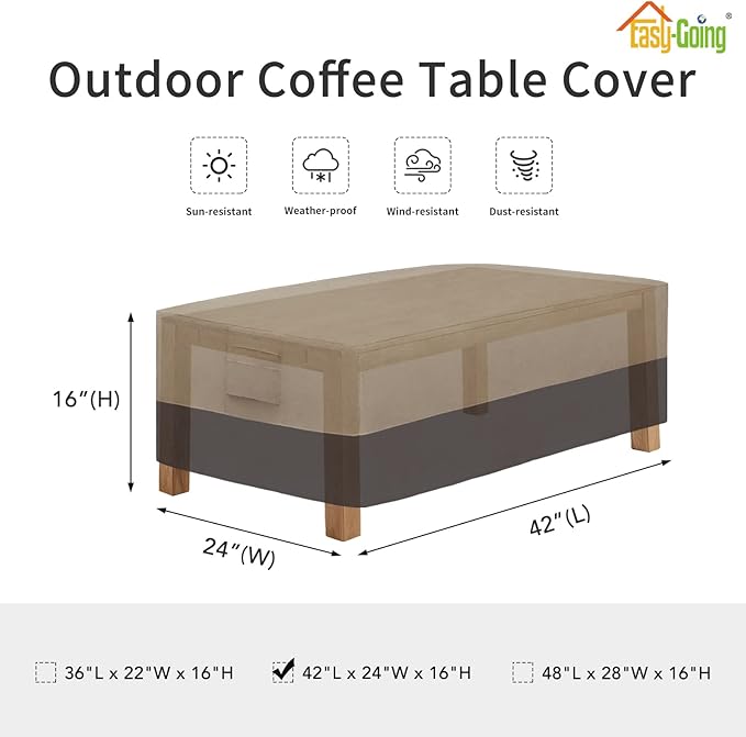 Easy-Going Patio Coffee Table Cover Small Outdoor Rectangular Table Cover, UV Resistant Waterproof Patio Furniture Ottoman Cover (42" Lx24 Wx16 H, Camel/Dark Brown)
