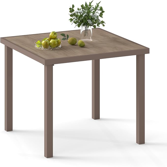 Iron Outdoor Anti-Corrosion Wood-Plastic Dining Table -All-Weather Exposed Square Table Waterproof and Rust-Proof Courtyard-Style Coffee Table Garden/Balcony/Poolside, Light Brown 1 Pcs